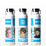 Bester Papa je 3 Fotos Liebe Sie weiß blau Trinkflasche<br><div class="desc">Ihre Kupfer Vakuum-Flasche isoliert. Geschenkidee. Ersetzen Sie die drei Fotos durch Ihre eigenen. Das beste Papa aller Zeiten. Wir haben dich Liebe. Blau und weiß.</div>