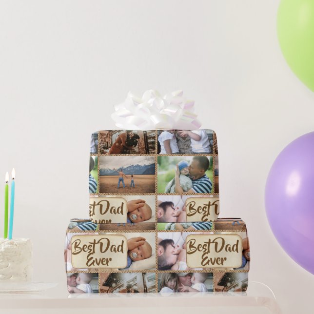 Bester Papa je 6 Foto Collage rustikale Jute Land Geschenkpapier (Partygeschenke)