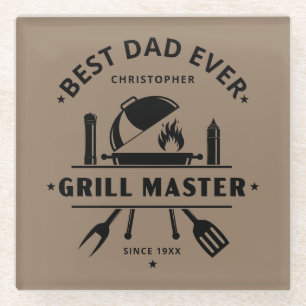 Bester Papa überhaupt   Grill Meister Braun & Schw Glasuntersetzer