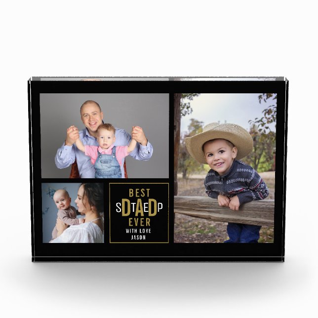 Bester Step-Vater je 3 Foto Collage Black and Gold (Vorderseite)