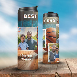 Bester Vater Basketball Ball 3 FotoCollage Vater Thermosbecher