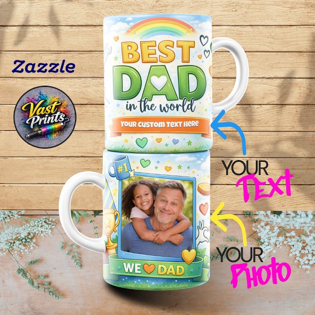 Bester Vater der Welt Regenbogen-Fotocollage Kaffeetasse (Best Dad in the World Rainbow Custom Photo Collage Coffee Mug)