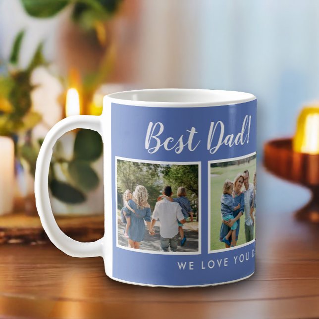 Bester Vater! Fotos Collage Message Blue Kaffeetasse (Best dad script font with 6 family photo slots, along with a custom message for your number 1 Dad.)