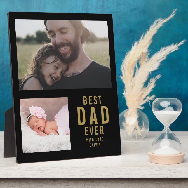 Bester Vater je 2 Fotocollage Schwarz und Gold Fotoplatte (Seite)