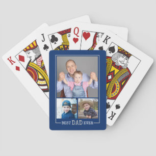 Bester Vater je 3 Foto Collage Blau Spielkarten