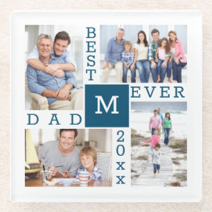 Bester Vater je 4 Foto Collage Blue White Monogram Glasuntersetzer