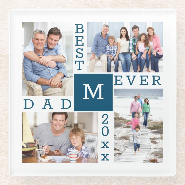 Bester Vater je 4 Foto Collage Blue White Monogram Glasuntersetzer (Vorderseite)