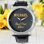 Bester Vater je benutzerdefinierter eleganter Text Armbanduhr<br><div class="desc">Passen Sie den Text an und erstellen Sie einfach Ihre personalisierte Uhr. Klicken Sie auf Weiter, um die Hintergrundfarbe oder Textfarbe zu ändern. Sie können dieses Design auf anderen Zazzle-Produkten übertragen und an die meisten Zazzle-Produkte anpassen. Standard Studio Designs werden in hochauflösender Vektorgrafik für einen beruflichen Druck hergestellt. Vielen Dank,...</div>