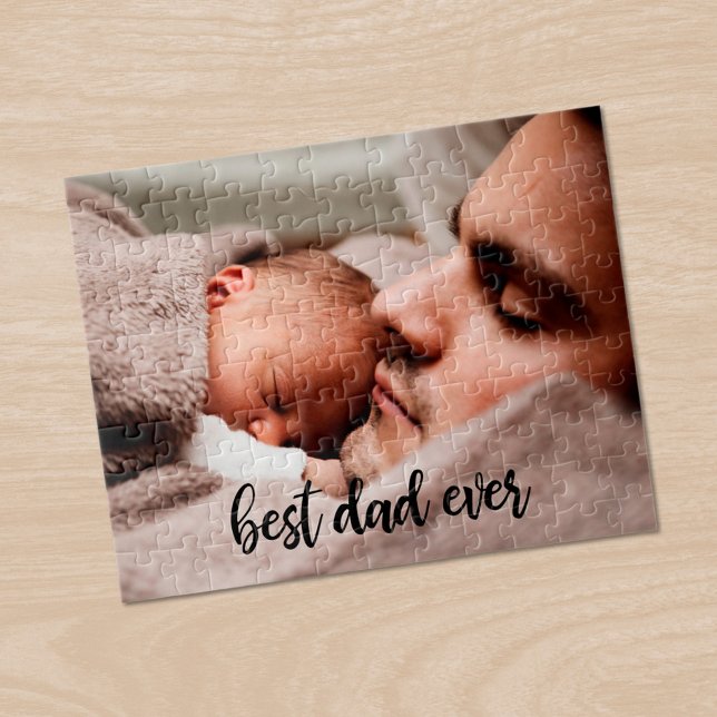 Bester Vater je benutzerdefiniertes Foto Modernes  (Best Dad Ever Custom Photo Modern Black Script Jigsaw Puzzle, in situ)