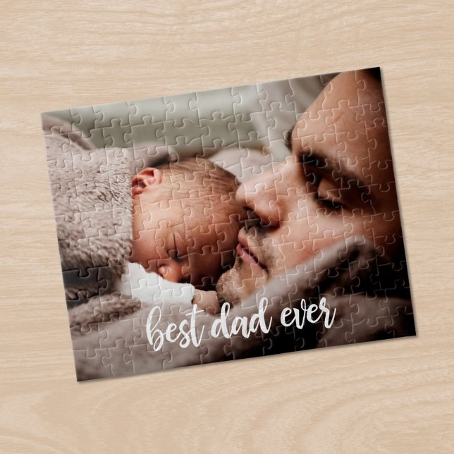 Bester Vater je benutzerdefiniertes Foto Modernes  (Best Dad Ever Custom Photo Modern White Script Jigsaw Puzzle, in situ)