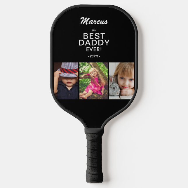 Bester Vater je bewahren 3 FotoCollage Schwarz Pickleball Schläger (Vorderseite)