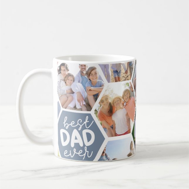 Bester Vater je | Blue Hexagons Foto Kaffeetasse (Links)