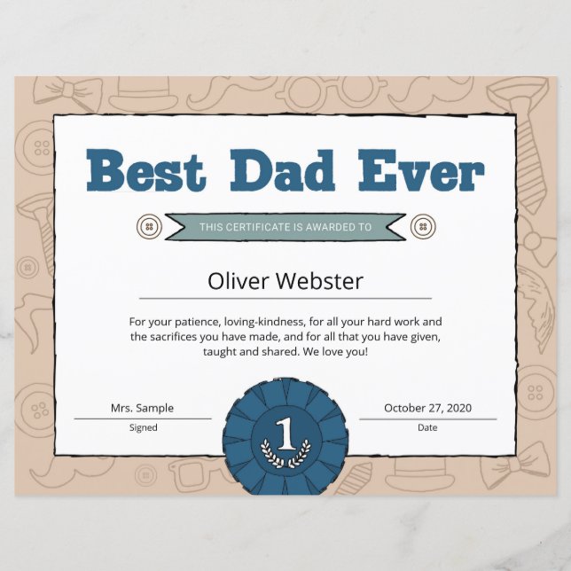 Bester Vater je Elternzertifikat VatertagAward (Vorderseite)