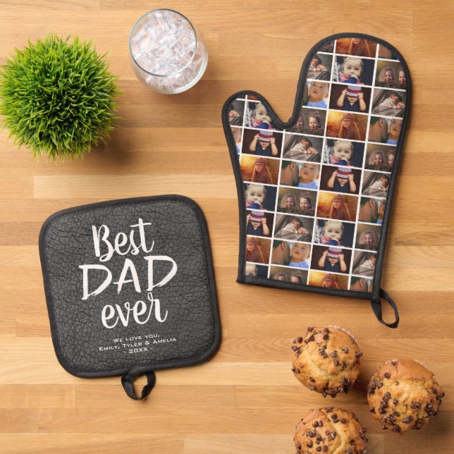 Bester Vater je graues Leder Print 6 Foto Collage Ofenhandschuh & Topflappen-Set (Oben Unten)