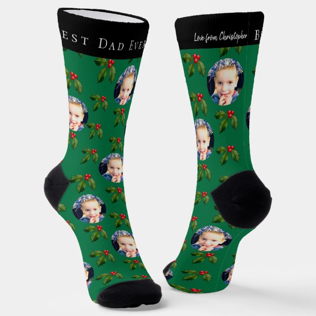 Bester Vater je Kind Foto Holly Berry Green Holida Socken (Gewinkelt)