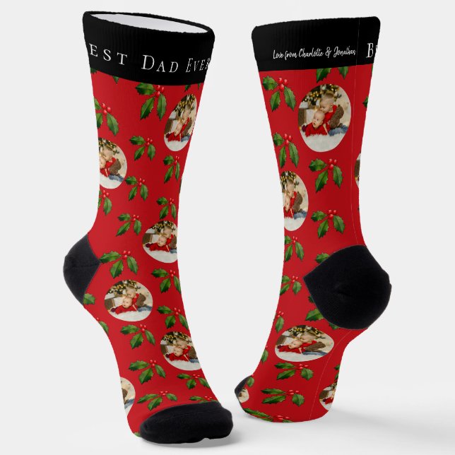 Bester Vater je Kind Foto & Name Holly Berry Holid Socken (Gewinkelt)