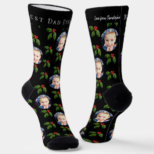 Bester Vater je Kind Foto & Name Holly Berry Holid Socken