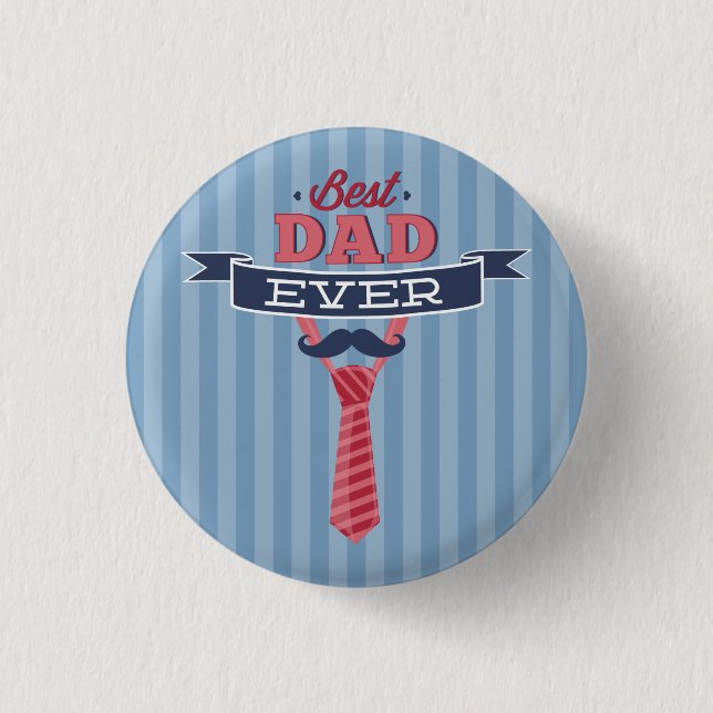 Bester Vater je Mustache und Krawatte Blaue Streif Button (Vorderseite)