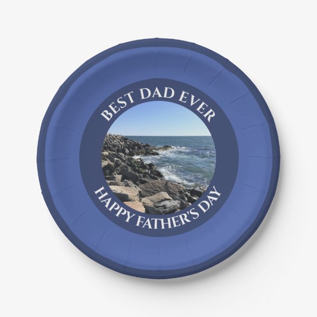 Bester Vater je Navy Blue Foto Ocean Rocky Shore Pappteller (Vorderseite)
