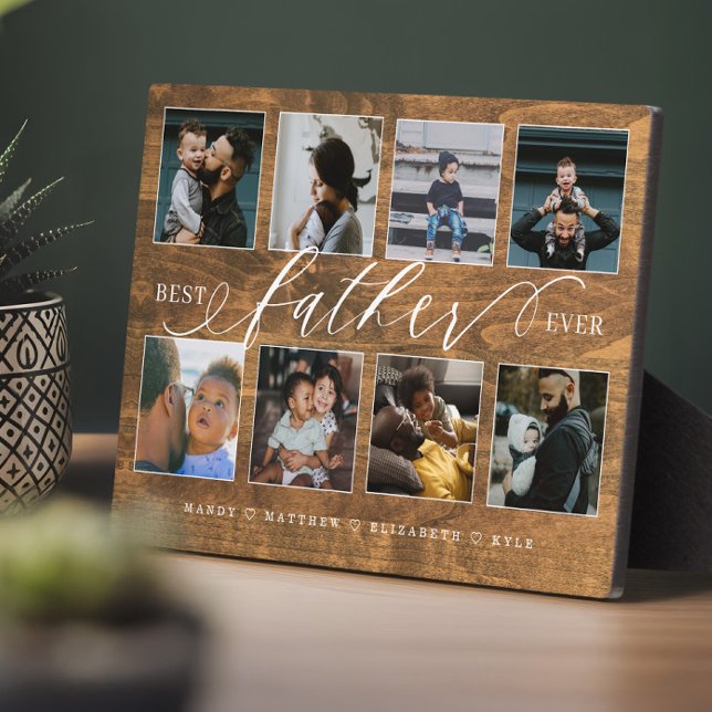 Bester Vater je rustikale Holzkörnerkollektion Fotoplatte (Best Father Ever Rustic Woodgrain Photo Collage Plaque)