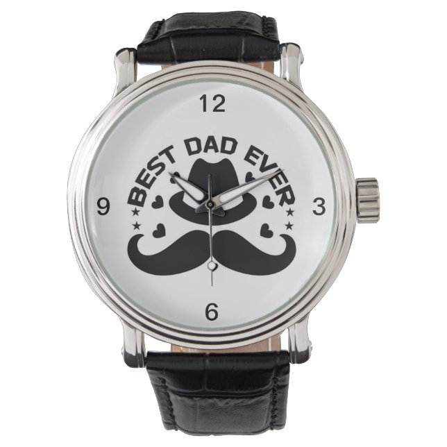 Bester Vater je Schwarz-weiß Hat Mustache Armbanduhr (Vorderseite)