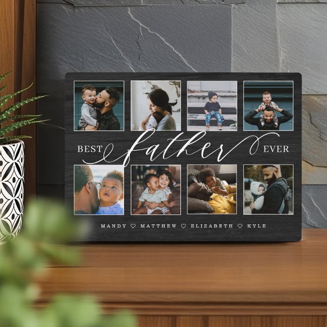 Bester Vater je Schwarzer Holzkorn FotoCollage Fotoplatte (Best Father Ever Black Woodgrain Photo Collage Plaque)