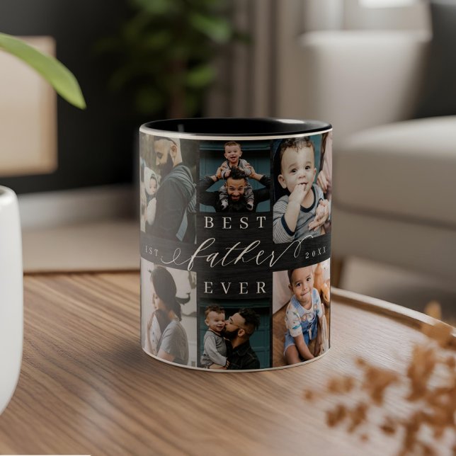 Bester Vater je Schwarzer Holzkorn FotoCollage Zweifarbige Tasse (Best Father Ever Black Woodgrain Photo Collage Two-Tone Coffee Mug)