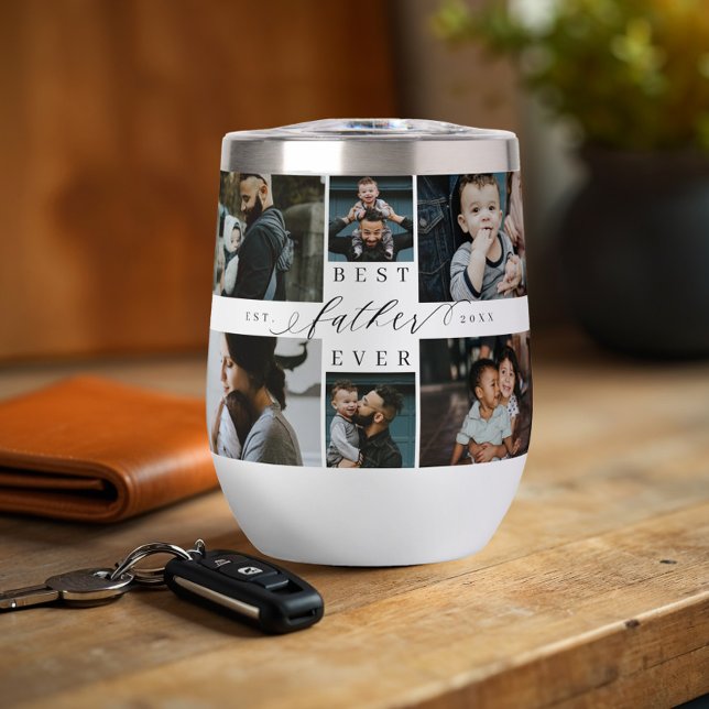Bester Vater je Script Vatertag FotoCollage (Best Father Ever Script Father's Day Photo Collage Thermal Wine Tumbler)