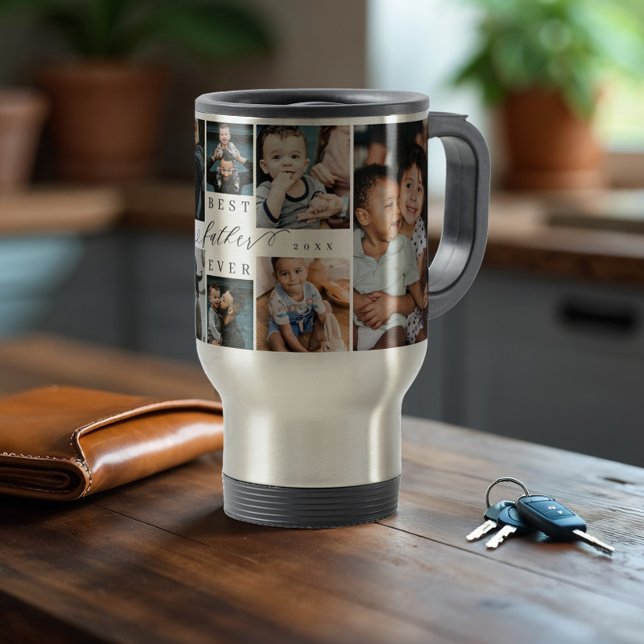 Bester Vater je Script Vatertag FotoCollage Reisebecher (Best Father Ever Script Father's Day Photo Collage Travel Mug)