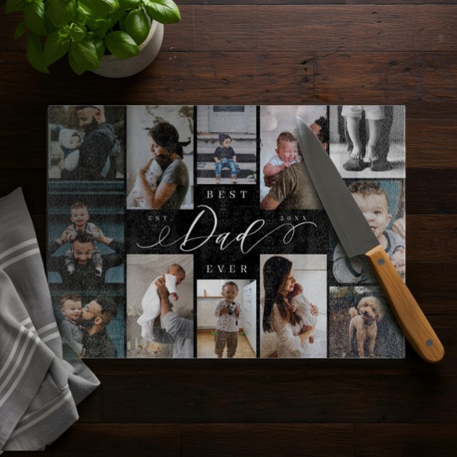 Bester Vater je | Vatertag, 12. FotoCollage Schneidebrett (Best Dad Ever | Father's Day 12 Photo Collage Cutting Board)