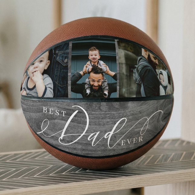 Bester Vater je Waldkornvätertag Fotomaterial Coll Basketball (Best Dad Ever Woodgrain Fathers Day Photo Collage Basketball)