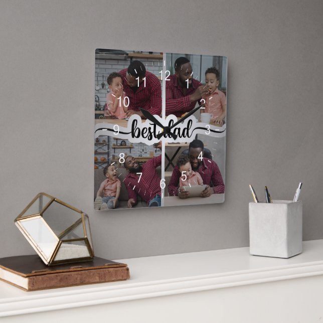 Bester Vater Personalisiert 4 FotoCollage Quadratische Wanduhr (Büro)