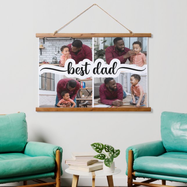 Bester Vater Personalisiert 4 FotoCollage Wandteppich Mit Holzrahmen (Wohnzimmer)