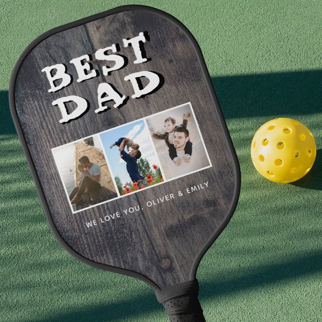 Bester Vater Rustikales Dunkles Holz 3 FotoCollage Pickleball Schläger (Von Creator hochgeladen)