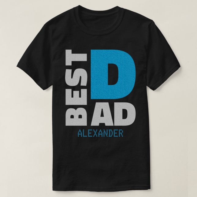 Bester Vater Silver Blue Glitzer Name angepasst T-Shirt (Design vorne)