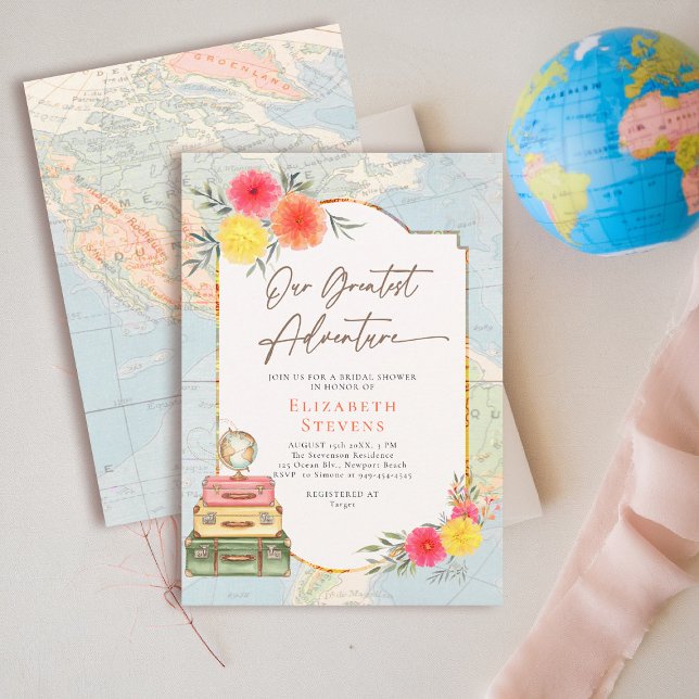 Bestes Abenteuer Floral World Map Reise Bridal Einladung (travel bridal shower invitation floral watercolor world map suitcases elegant modern chic)