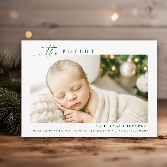 Bestes Geschenk Minimalistisch Forest Green Christ Ankündigung (christmas baby announcement the best gift from above minimalist simple photo calligraphy green)