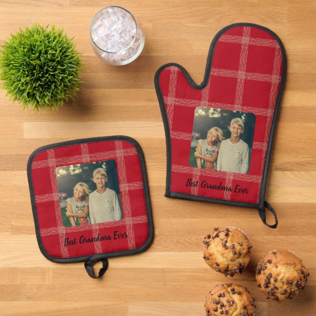 Bestes Oma je Red Gingham Custom Foto Ofenhandschuh & Topflappen-Set (Oben Unten)