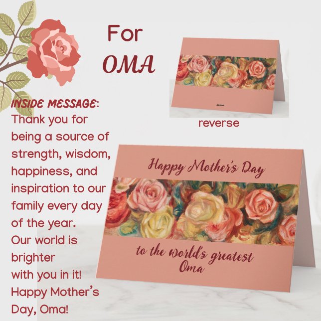 "Bestes Oma" Muttertag Niederländisch/Deutsches Om Karte (A beautiful floral roses Mother's Day card for your special Oma (grandmother)! Customizable.)