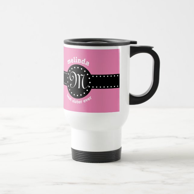 Bestes SCHWESTER überhaupt Tupfen-Monogramm ROSA Reisebecher (Rechts)