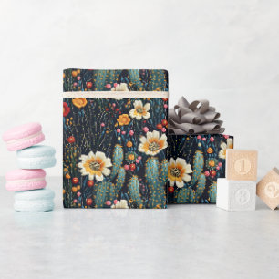 bestickte blühende Kakteen auf schwarz Geschenkpapier