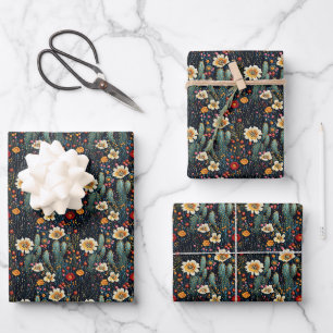 bestickte blühende Kakteen auf schwarz Geschenkpapier Set