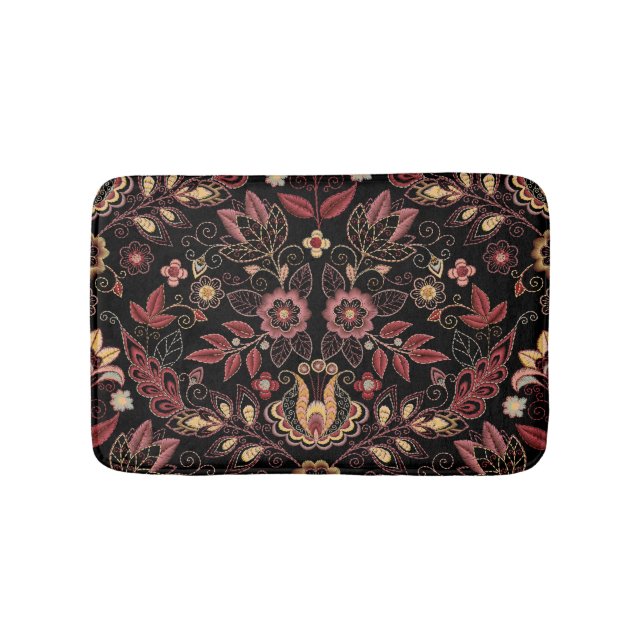 bestickte Blume, dunkle Vintage Eleganz Badematte (Vorderseite)