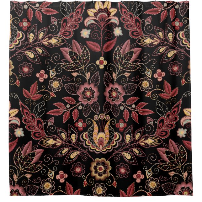 bestickte Blume, dunkle Vintage Eleganz Duschvorhang (Vorderseite)