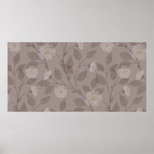 bestickte Blume und Blätter auf braunem Hintergrun Poster