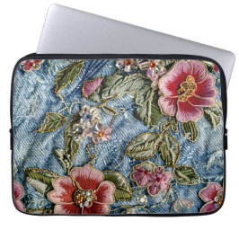 Bestickte Jewel Floral Denim Textur Laptopschutzhülle