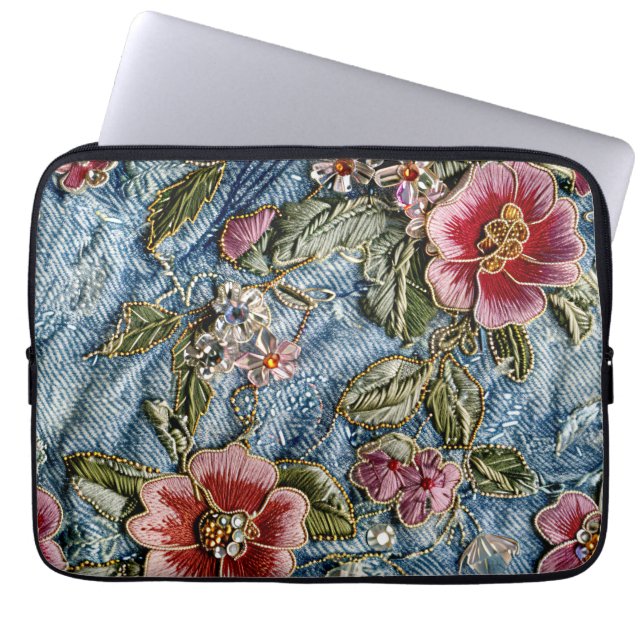 Bestickte Jewel Floral Denim Textur Laptopschutzhülle (Vorderseite)