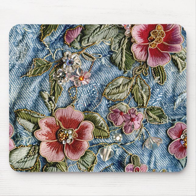 Bestickte Jewel Floral Denim Textur Mousepad (Vorne)