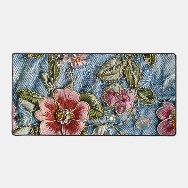 Bestickte Jewel Floral Denim Textur Schreibtischunterlage (Vorderseite)