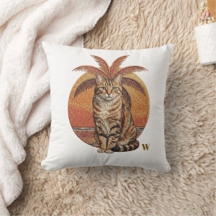 Bestickte Katze & Palme Sonnenuntergang mit indivi Kissen